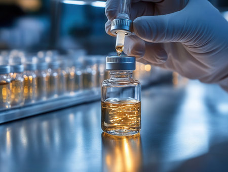 Scientist carefully injects a liquid sample into chromatography equipment in a laboratory setting for detailed chemical analysis and testing.の素材