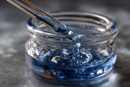 A clear glass jar contains blue reagent while a pipette is used to mix the solution carefully. This occurs in a laboratory environment focused on chemical testing.の素材