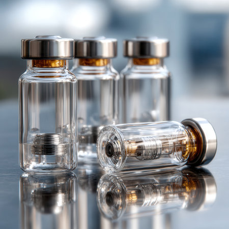 Five vials arranged on a shiny surface create sleek and minimal environment highlighting their clarity and elegant design in soft lighting ideal for modern settings.の素材