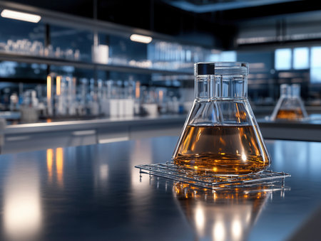 Glass beaker containing amber liquid rests on a wire rack in a clean lab environment featuring metal and glass surfaces illuminated by natural light.の素材