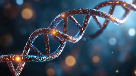 A detailed view of a double helix structure surrounded by a soft blurred background showing the intricate patterns of DNA and its significance in genetics.の素材