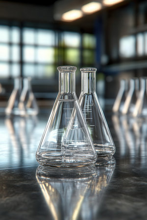Two glass flasks sit on a reflective surface in a contemporary laboratory. Sunlight fills the room creating a warm atmosphere around the clean glassware.の素材