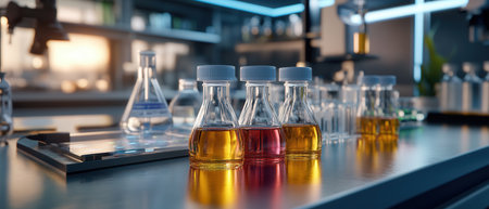 Colorful bottles filled with liquids sit on a lab counter next to a digital display highlighting ongoing scientific experiments in a modern laboratory setting.の素材