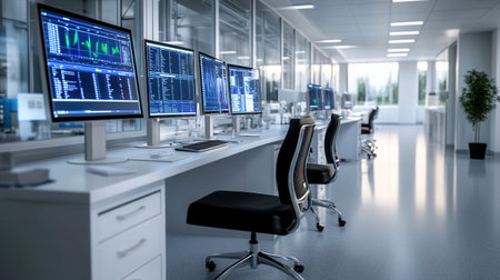 Inside a sleek lab several computer screens show detailed data. The space is well-lit and organized promoting a focused work environment for researchers.の素材