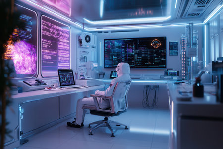 scientist in a white suit sits at a sleek workstation surrounded by illuminated data panels focused on analyzing complex information in a high-tech laboratory.の素材