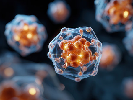 In a dark laboratory a glowing energy core made from nanotechnology illuminates the surrounding space highlighting advancements in energy research and innovation efforts.の素材