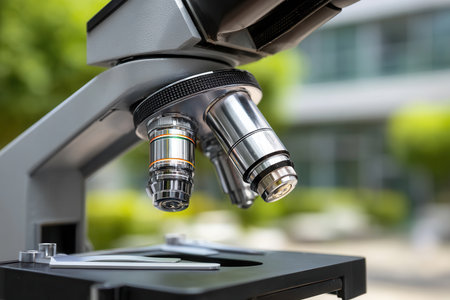This close-up captures the intricate lenses of a microscope highlighting its design and engineering. The blurred outdoor background suggests a laboratory or research setting.の素材