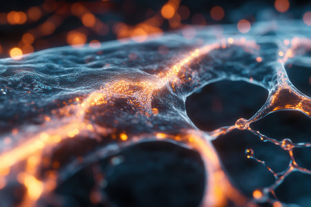Close-up view of a nanofiber structure revealing its unique texture and glowing features due to light interaction highlighting complexity and precision in design.の素材