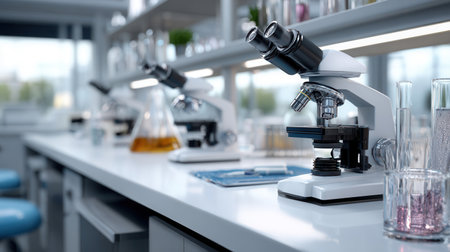 The space features multiple microscopes on a lab bench alongside glass beakers and flasks indicating active experimentation and research processes in a modern facility.の素材