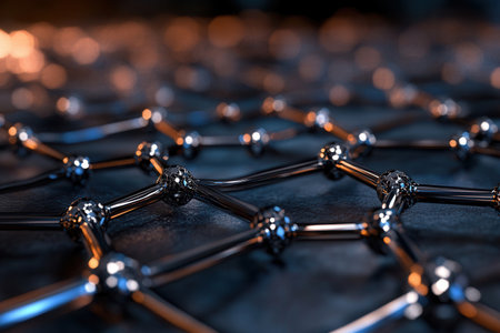 Close-up view of a graphene sheet pattern showcases fine connections and a metallic sheen against a dark backdrop highlighting its unique structure and properties.の素材