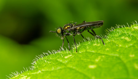 A soldier fly is observed resting on a vibrant green leaf showing its distinctive features against a...