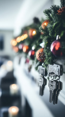 Soft light from glowing garlands fills the room creating a cozy atmosphere with festive decor. Shiny ornaments and keys add charm to the inviting space.の素材