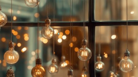 Softly glowing multicolored bulbs hang from the ceiling filling the cozy room with a warm atmosphere as blurred circles of light dance in the background.の素材