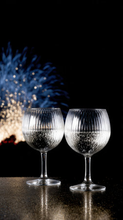 Two beautifully designed wine glasses sit on a table reflecting the vibrant colors of fireworks bursting in the night sky during a joyful celebration.の素材
