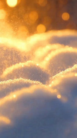 Delicate snowflakes gently descend and catch warm light forming soft mounds that shimmer peacefully as evening sets in creating a magical winter atmosphere.の素材