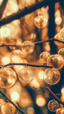 Shimmering holiday garlands are showcased in close-up with sparkling bokeh lights in the background creating a warm and festive atmosphere.の素材