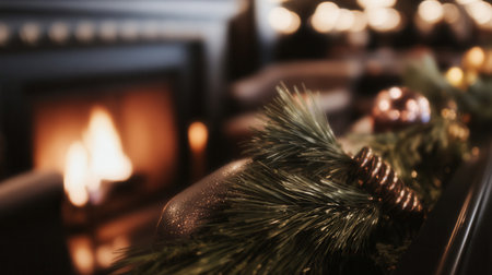 Warm flames dance in the fireplace as a beautiful garland sparkles creating a cozy atmosphere for a holiday gathering with loved ones.の素材