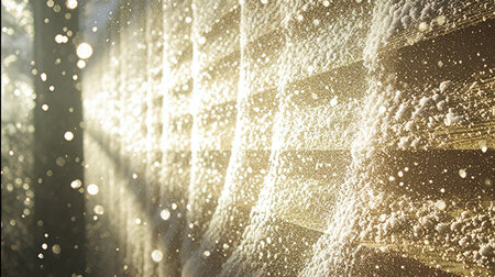 Snowflakes drift down softly illuminated by golden light reflecting off a smooth textured surface showing the beauty of winter in a serene moment.の素材