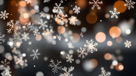 Snowflakes gently drift in a warm golden light creating a peaceful atmosphere during a tranquil night inviting a sense of calm and wonder.の素材
