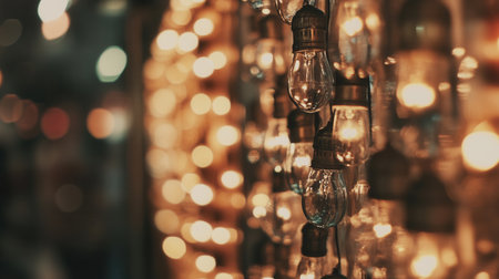 Multicolored bulbs provide soft light creating a cozy and inviting atmosphere. The blurred circles add a dreamlike quality to the warm evening setting.の素材
