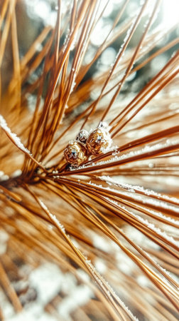 Frost coats the pine needles glistening under the morning sun. Golden ornaments hang delicately from the branches creating a sparkling winter scene.の素材