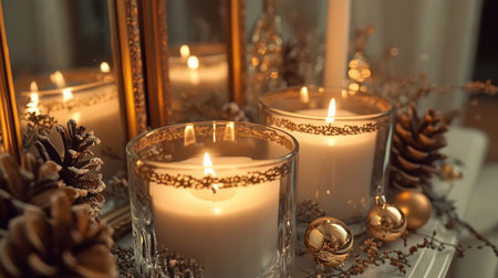 Soft candlelight shines through glass holders adorned with gold accents surrounded by pine cones and ornaments enhancing a festive atmosphere during winter nights.の素材