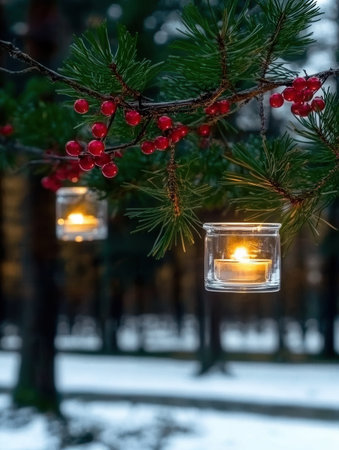 Red berries and soft candlelight hang from pine branches illuminating a peaceful forest scene as darkness falls and winter's charm takes hold.の素材