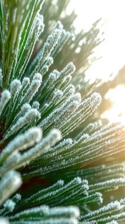 Close-up view of fir tips forming delicate corners around a glowing center illuminated by warm sunlight creating a peaceful and inviting atmosphere in nature.の素材