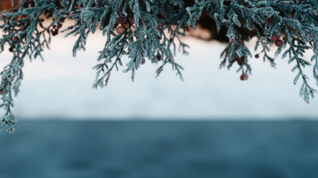 Snowy pine branches draped with pale blue ornaments dangle gracefully against a soft background capturing a tranquil moment in a winter setting.の素材