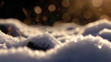 A close view of snowflakes sparkling in the light creating a warm glow over the snowy ground surrounded by small rocks and winter vegetation.の素材