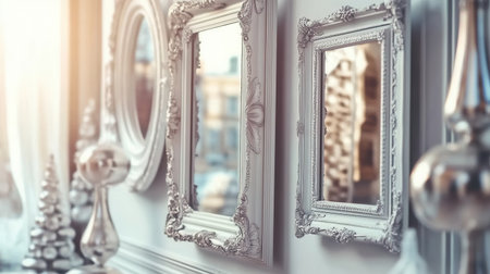 Elegant decorative frames adorned with intricate white ornaments and shimmering silver ribbons are beautifully arranged on a wall capturing the afternoon light.の素材