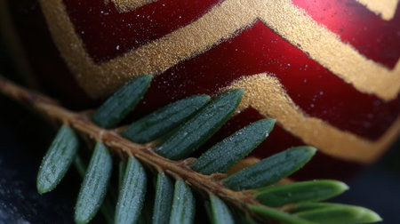 Rich red bauble adorned with sparkling gold glitter rests beside a green pine branch capturing the essence of holiday cheer and decoration during winter.の素材