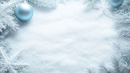 Pine branches frame a snowy background decorated with pale blue ornaments creating a tranquil winter setting ideal for festive gatherings and seasonal joyの素材