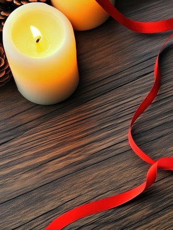 Soft candlelight shines alongside pine cones and a flowing red ribbon crafting a warm and inviting setting perfect for holiday gatherings and celebrations.の素材