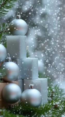 Snowflakes gently fall over a display of pale blue and silver ornaments stacked among evergreen branches enhancing the joyful spirit of winter celebrations.の素材