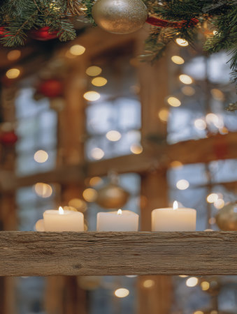 Lit candles rest on a wooden shelf surrounded by a festive Christmas frame. Pine branches and soft glowing lights create a warm and inviting winter atmosphere.の素材