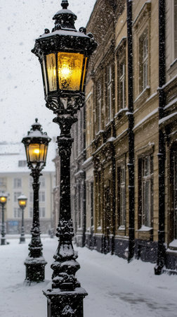 Snow falls gently in a quiet evening scene where lamplight casts a warm glow on a snow-covered street. Historic buildings add charm to the serene atmosphere.の素材
