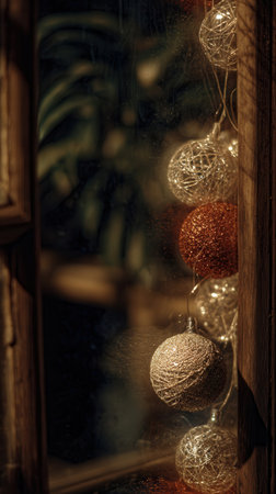 Warm light from glimmering garlands creates a cozy atmosphere in the interior inviting relaxation and comfort during a quiet evening.の素材