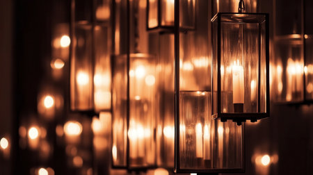 Delicate garlands of soft light hang in a dark setting casting a warm glow that enhances the elegance of the surroundings for intimate gatherings.の素材