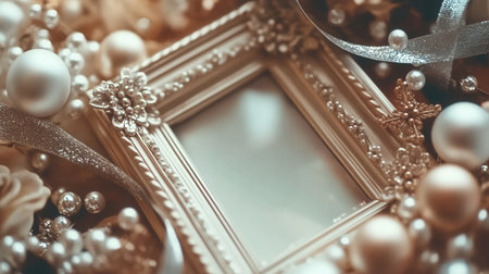 This scene features a vintage decorative frame surrounded by white ornaments silver ribbons and strings of pearls creating a luxurious display for special moments.の素材