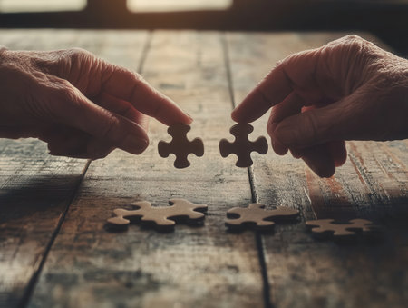 Two elderly hands gently hold puzzle pieces working together to fit them perfectly on a rustic wooden table in their bright and inviting living room.の素材