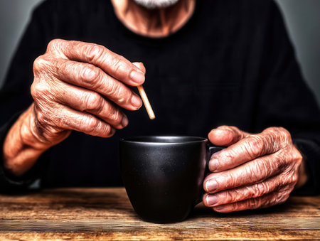 Close-up of elderly hands gently stirring coffee black cup placed on a rustic wooden table showing the simplicity and beauty of morning rituals.の素材