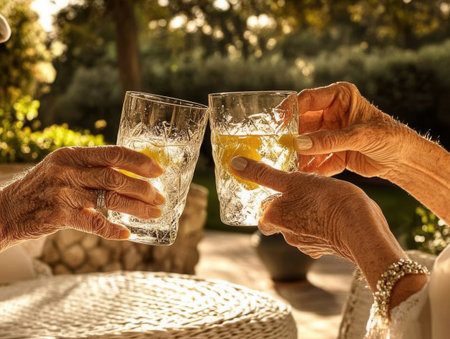 Two elderly hands joyfully clink glasses filled with refreshing drinks as they share a warm moment in a sunny garden surrounded by greenery and nature.の素材