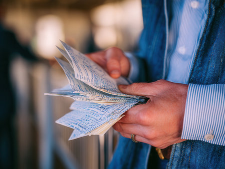 Close-up of elderly hands holding tightly to travel documents while standing in a crowded terminal symbolizing the excitement and planning for travel adventures ahead.の素材