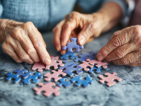 Two elderly hands carefully arrange colorful puzzle pieces on a table showcasing a peaceful moment of collaboration and creativity during a cozy afternoon.の素材