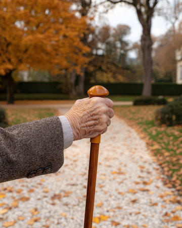 An elderly man holds a cane firmly while walking along a gravel path surrounded by vibrant autumn foliage and peaceful scenery in a park.の素材