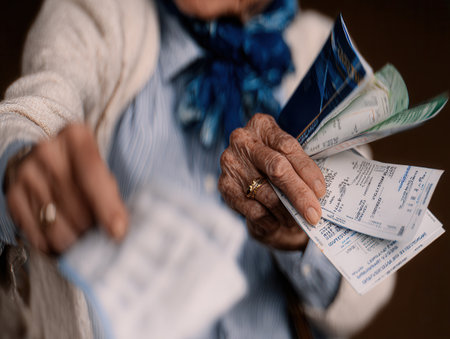 Close view of aged hands grasping an assortment of travel papers revealing anticipation and planning for an adventure in a warm inviting space.の素材