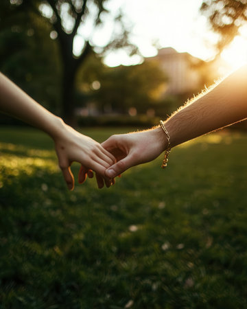 serene park at sunset a young woman reaches out to hold another person's hand capturing a moment of connection and warmth amidst nature.の素材