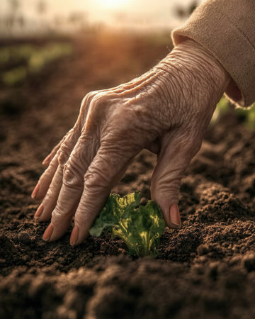 elderly woman's hand carefully places a small lettuce seedling into soft dark soil while the warm light sunset casts golden glow across the garden.の素材