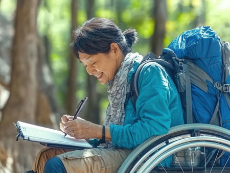 A woman in a wheelchair enjoys sketching in a quiet forest. She is surrounded by trees and has a backpack nearby capturing her travel experience.の素材